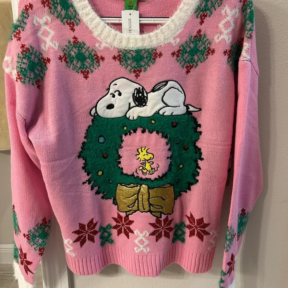 Peanuts Pink Snoopy Holiday Sweater - super cute !! Fuzzy collar with bling ! - Picture 1 of 5